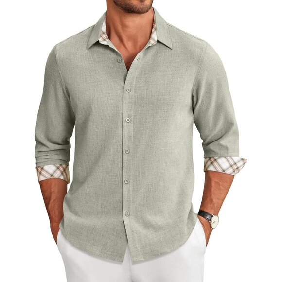 Coofandy Men light Green Long Sleeve Button Down Untucked Regular Dress Shirt - Picture 1 of 7